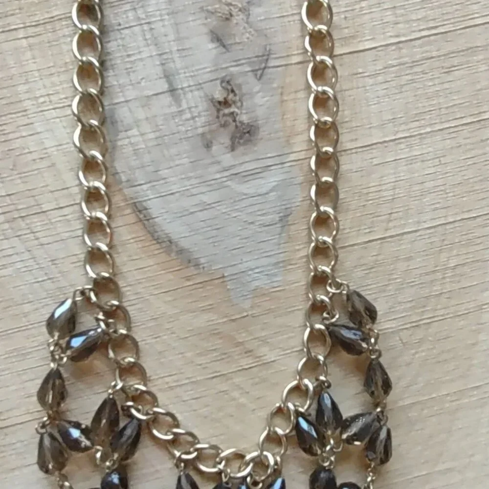 Gold Toned Drop Necklace Olive Green Clear Beaded Floral Design